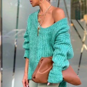 Free People Blue Bell V-Neck in Electric Teal Oversize Sweater NWT